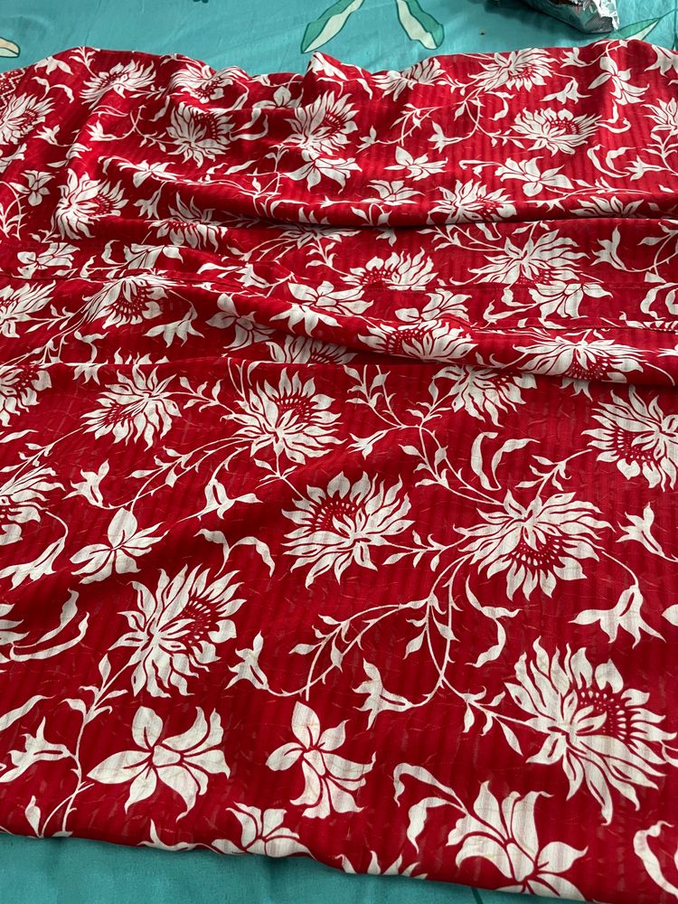 Red and white Floral Saree