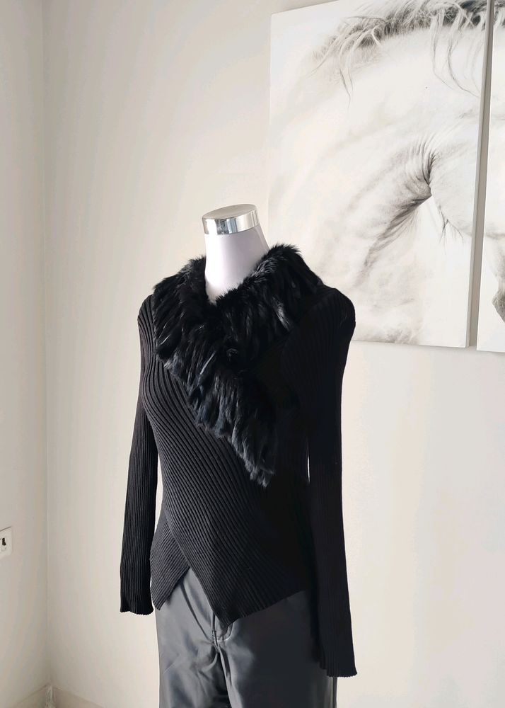 Korean Ribbed Sweater with Faux Fur (Imported)