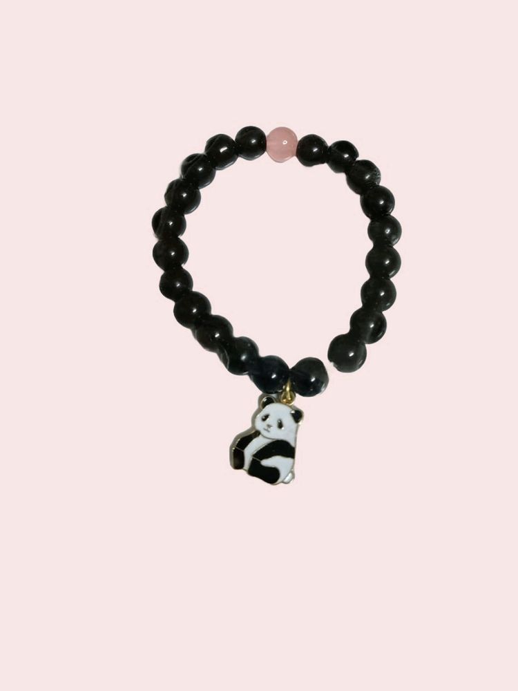 Black Bracelet One Pink Beads With Panda Charms