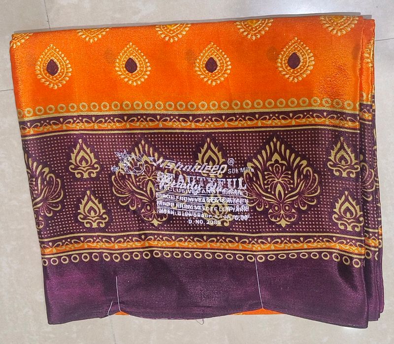 Poly Silk Saree with Orange & Deep Purple Design