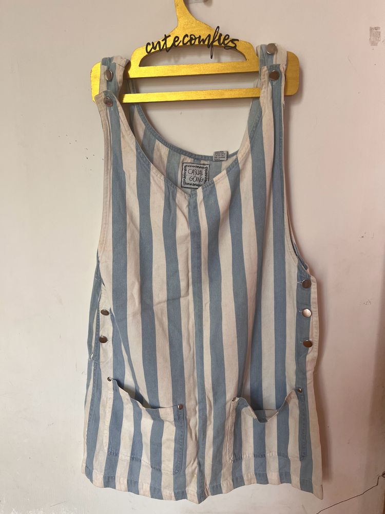 White And Blue Stripes Dungaree Dress