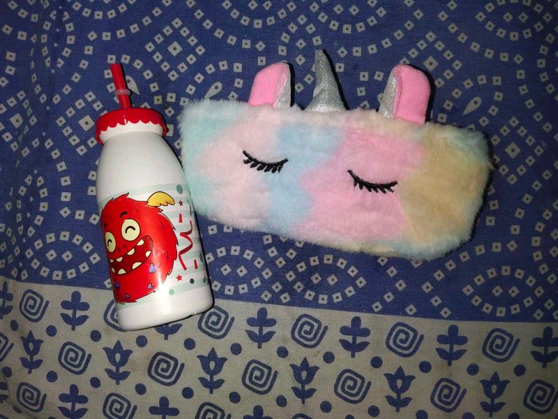 Combo Of Fur Unicorn Pouch And Sipper Imported