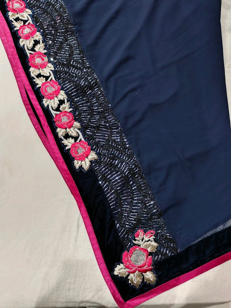 Navy Blue Georgette Saree with Velvet Border