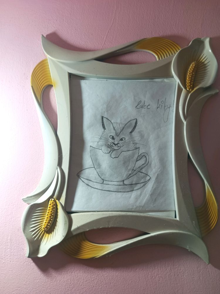 Cute Cat In Cup Sketch With Frame