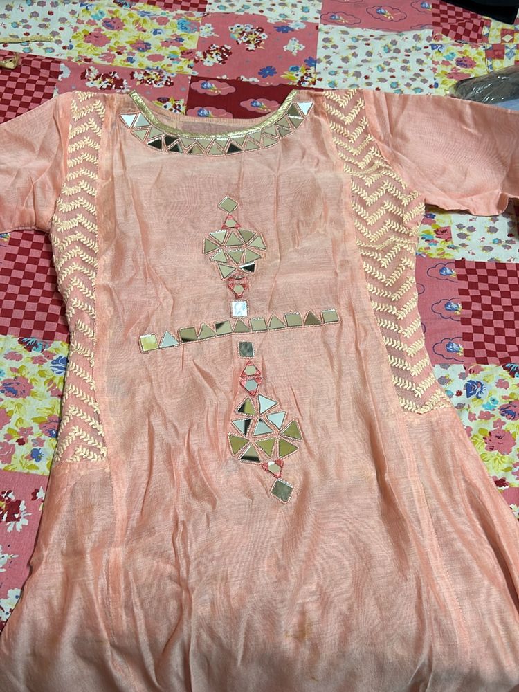 Pink Mirror Work Kurti