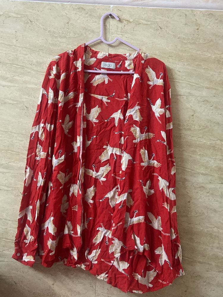 Red Shirt With Crane Print