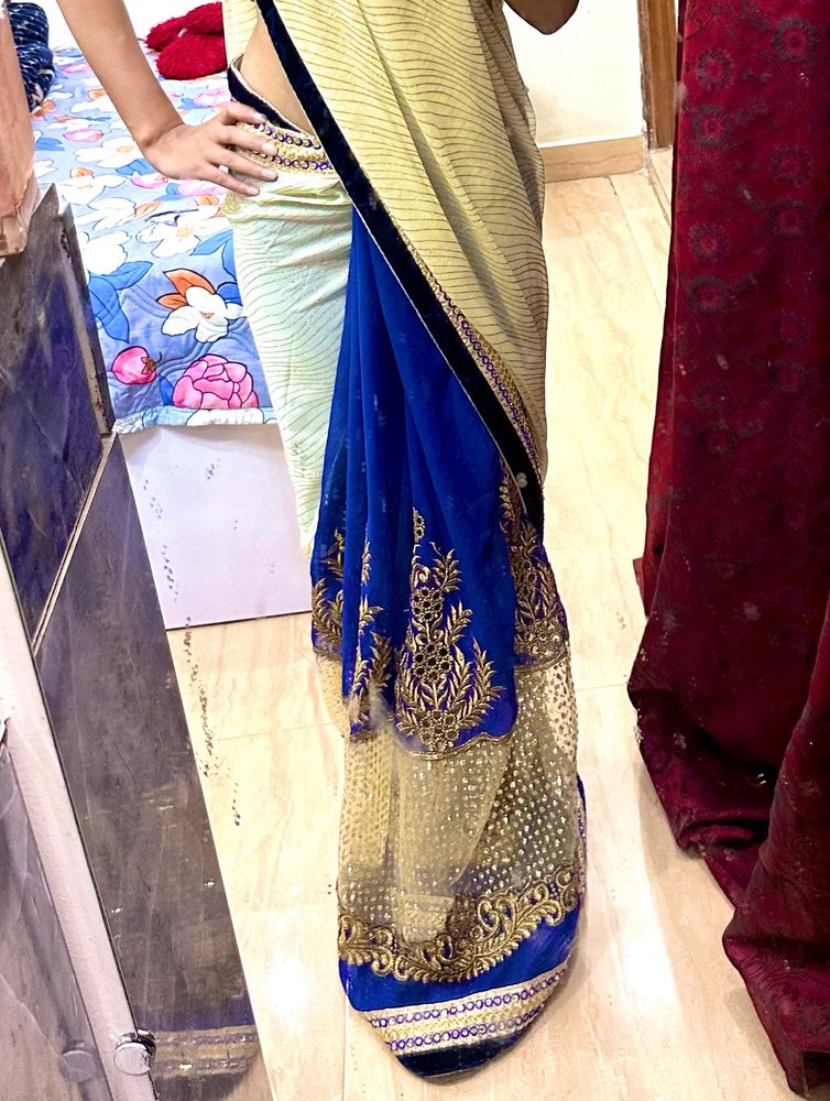 Dual Tone Navy Blue Saree With Blouse