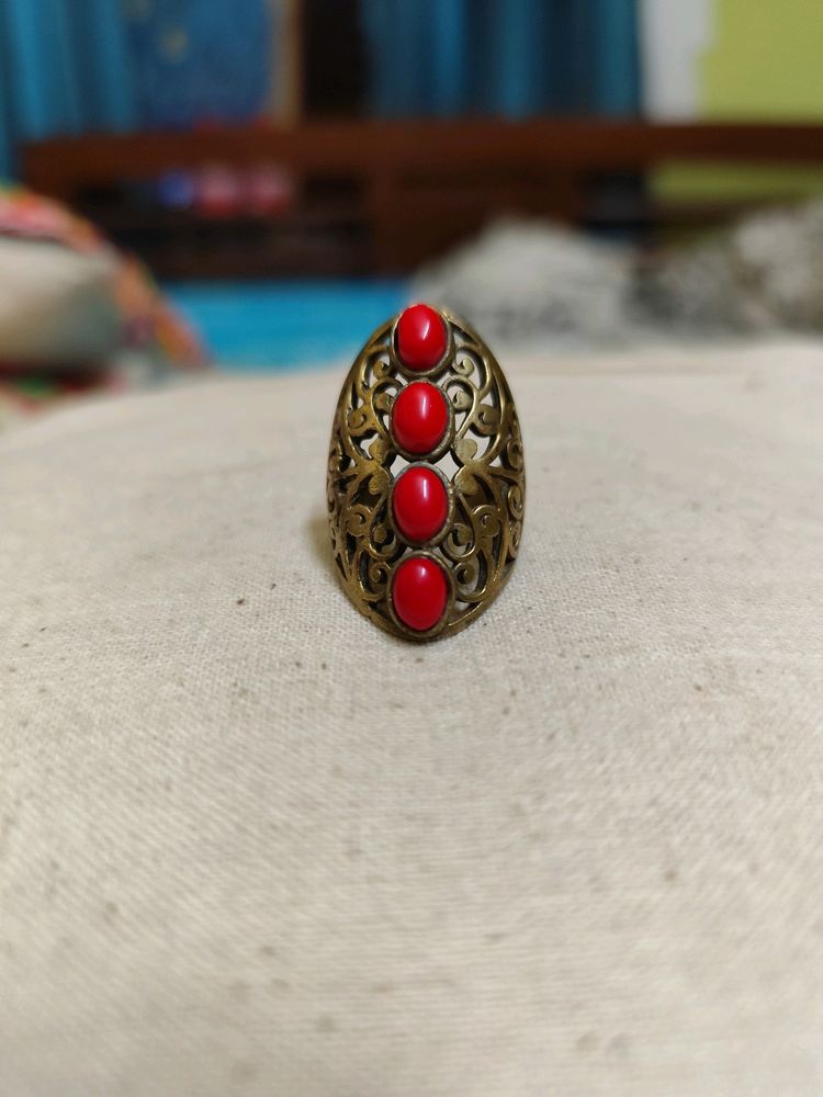 Pure Brass Antique Ring With Original Coral Stones