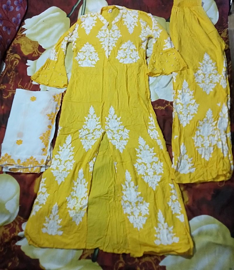 Front Cut Yellow Kurta Palazzo With Dupatta