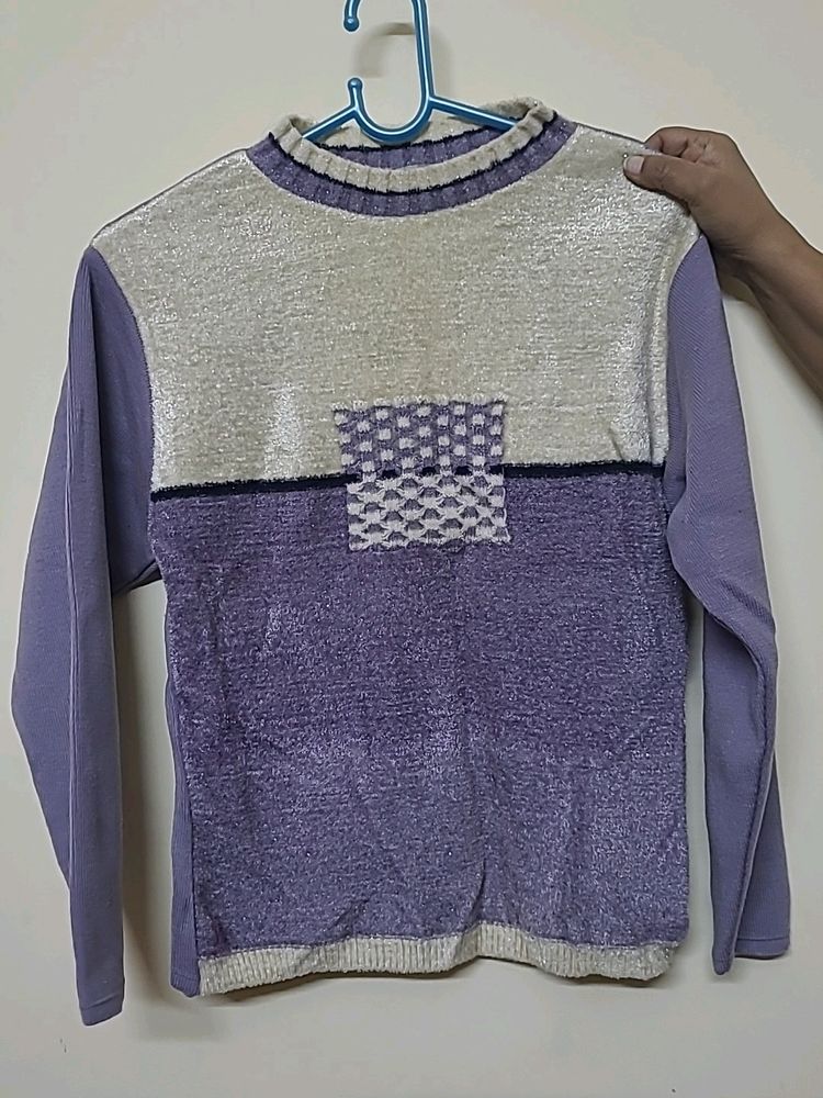 Cream And Lavender Color Shimmery Girls Sweater