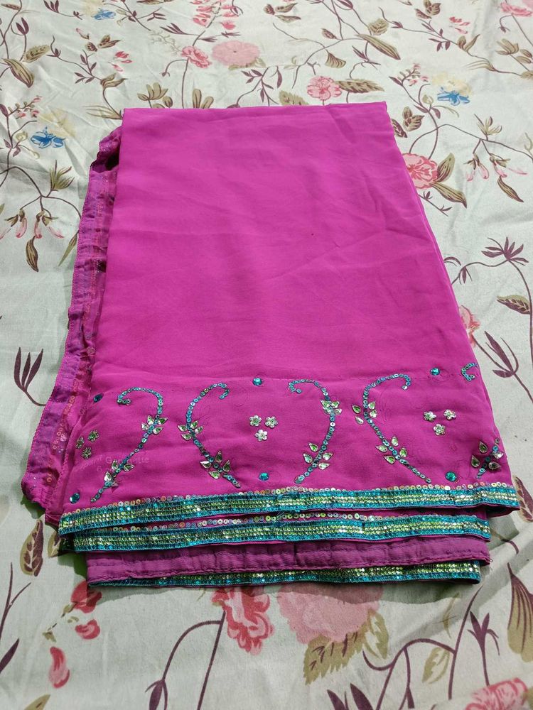 Thin Lace Border Mirror Work Pink Saree