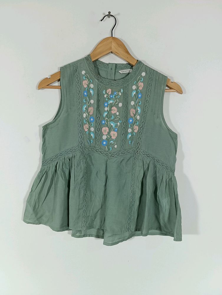 Sage Green Embroidered Casual Top (Women)