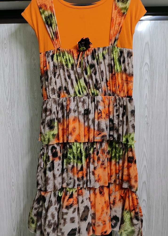 Bright Orange Floral Dress ( For Women )