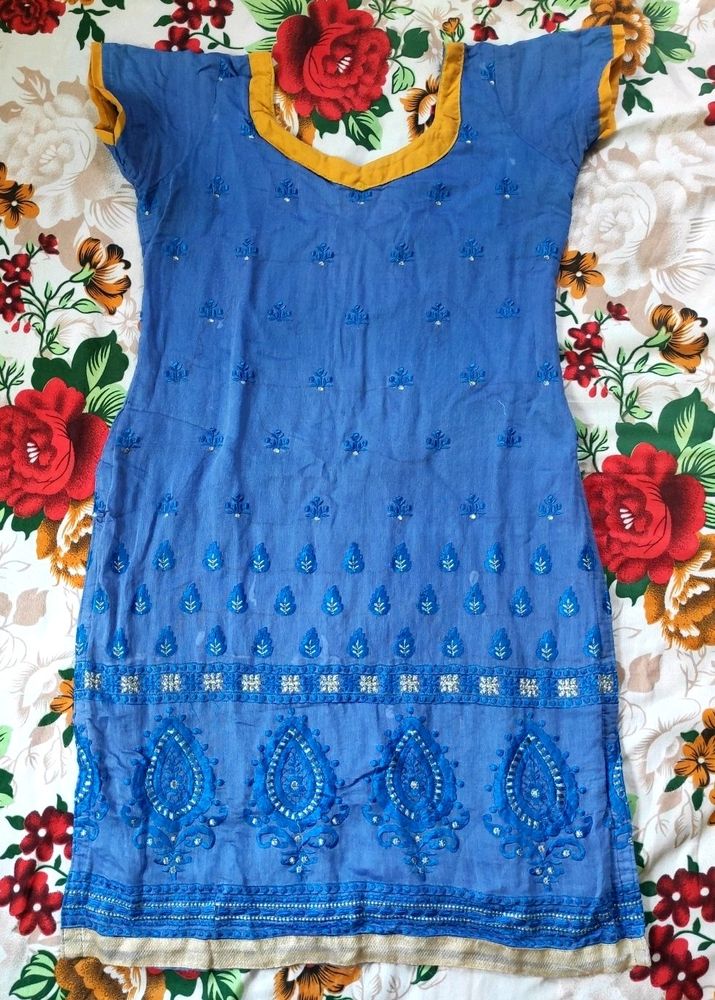 Stitched Blue Embroied Cotton Kurtha | Size 36