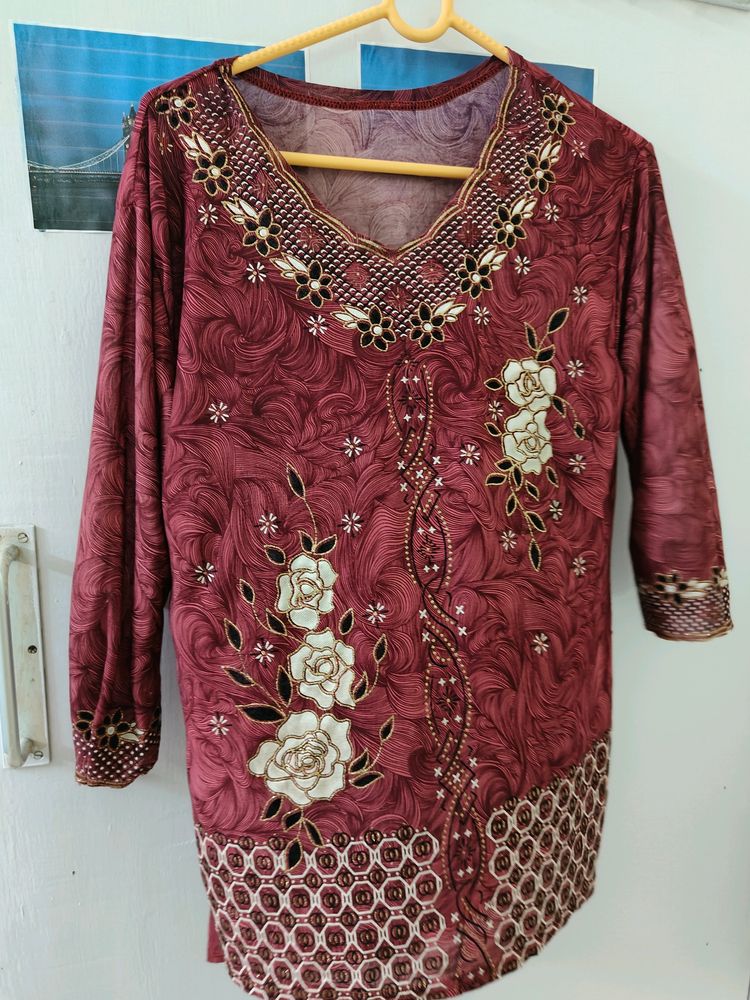 Stylish Wine Colour Embroidery Top For L Size