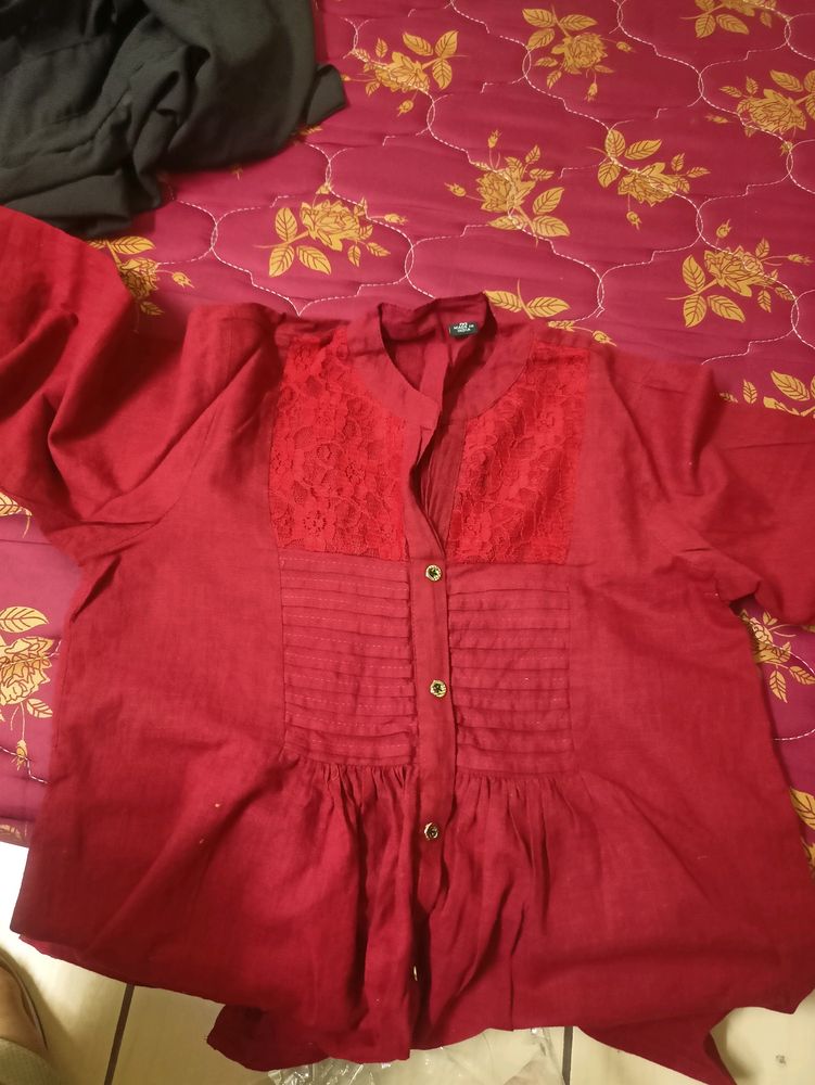 Dark Red Colour Cotton Top For Women