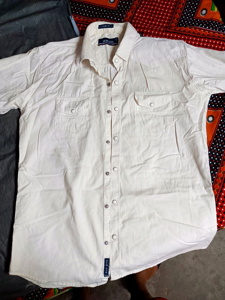 White Half Denim Cotton Shirt