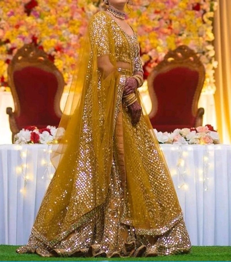 Golden Heavy Mirror Worked Lehenga