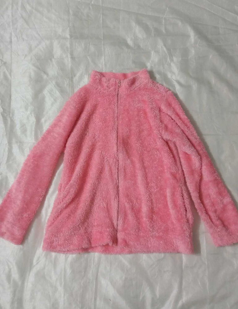 Pink Teddy Like Sweatshirt With Zipper And Pockets