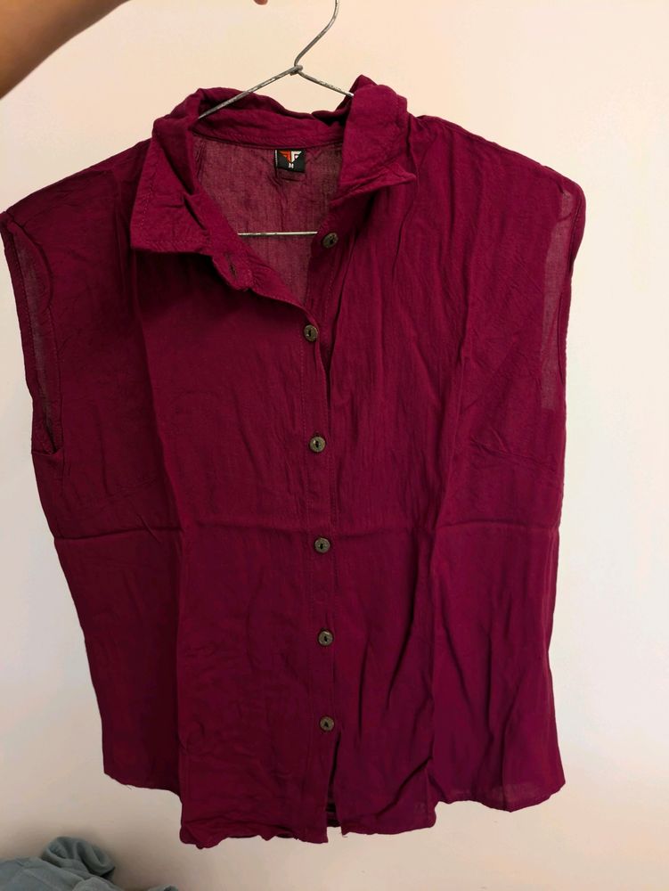 Maroon Sleeveless Cotton Shirt