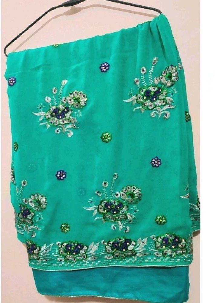 Sea Green Saree With Blouse & Peticot