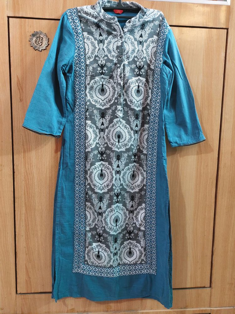 W Teal Blue Thread Work Kurta