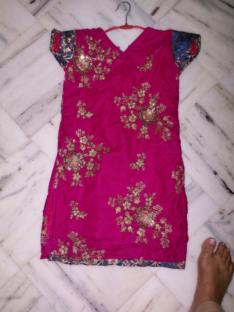 Velvet Pink Kurta Navy Blue Pyjama