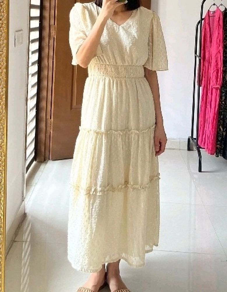 Cream Jacquard Tiered Midi Dress