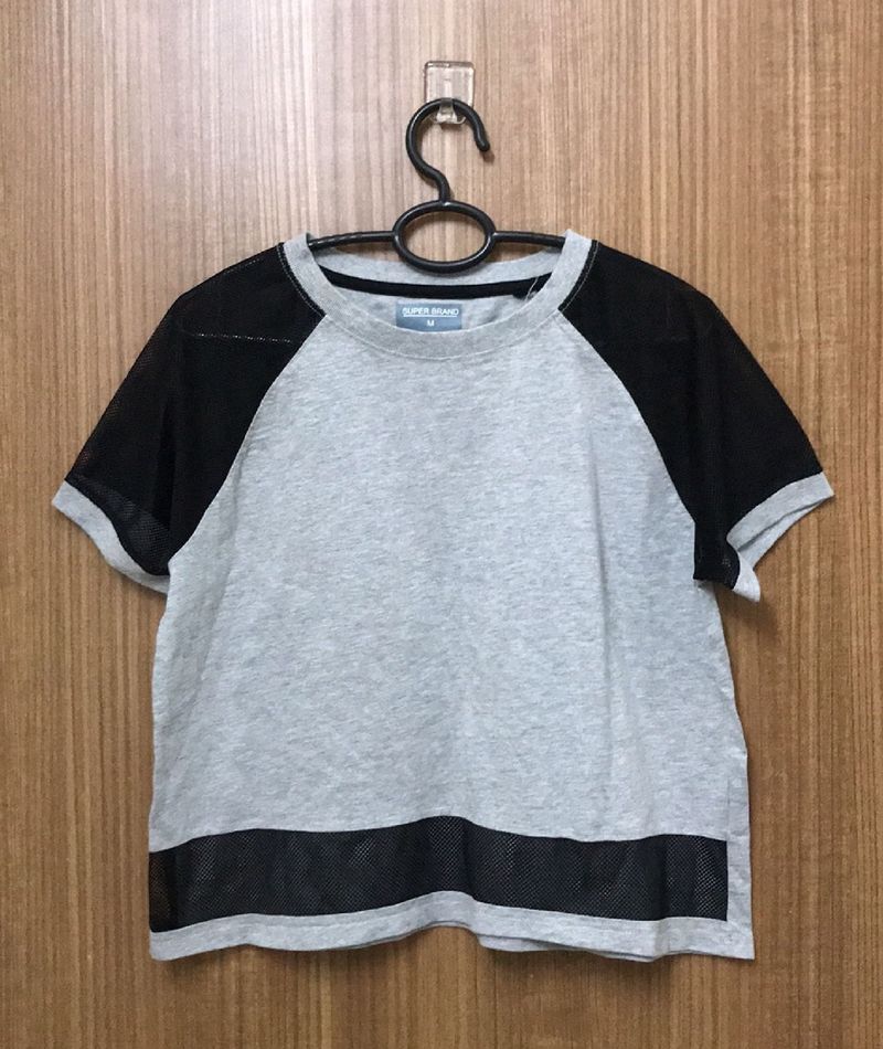 Black Mesh Sleeves Grey T-shirt For Women