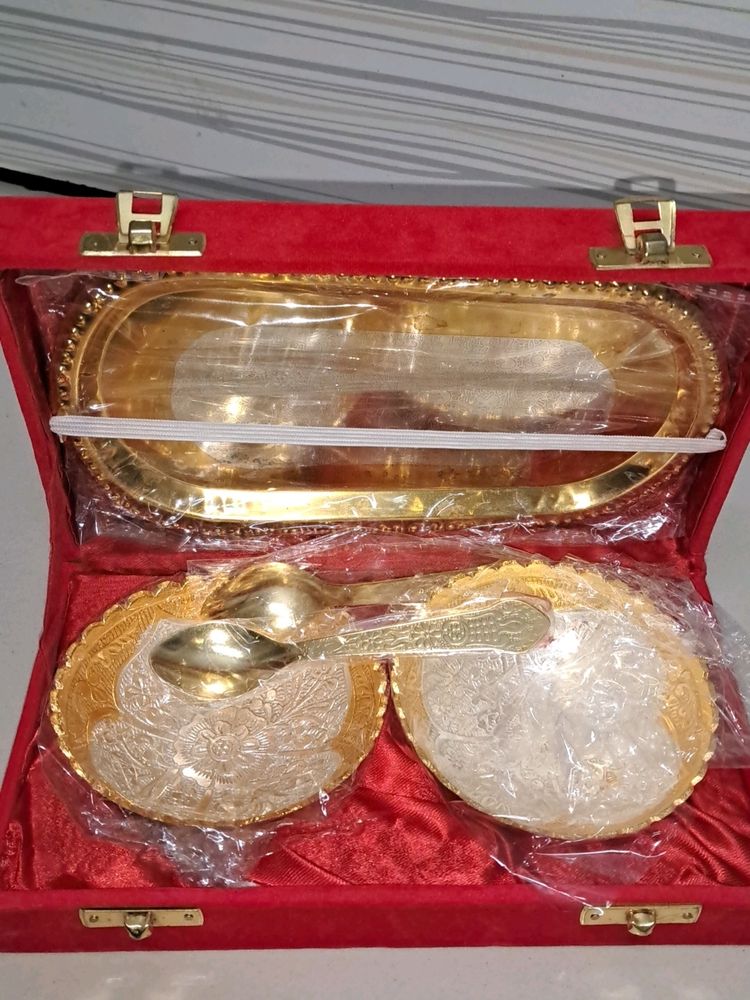 Gold And Silver Tray,Bowls,Spoons Set