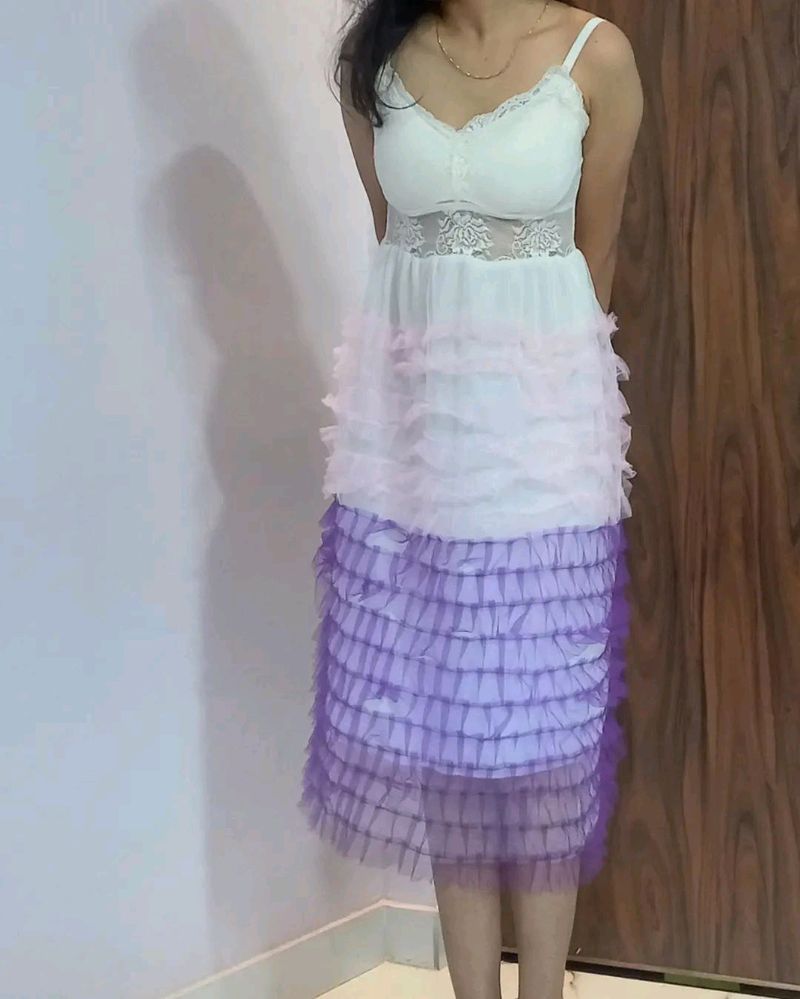 Dreamy Korean Padded Mesh Back Frill Dress