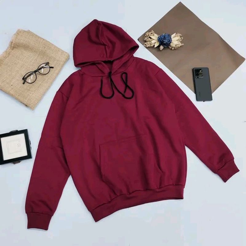 Maroon Solid Wool Hoodie Unisex Oversized