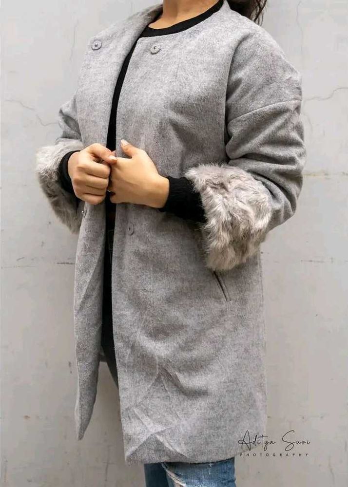 Gray Coat with Luxe Fur Cuffs - Brand New