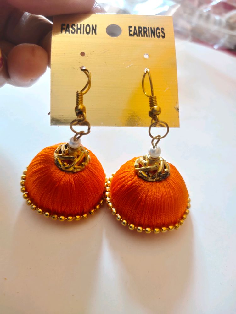 Orange Colored Silk Thread Earrings.