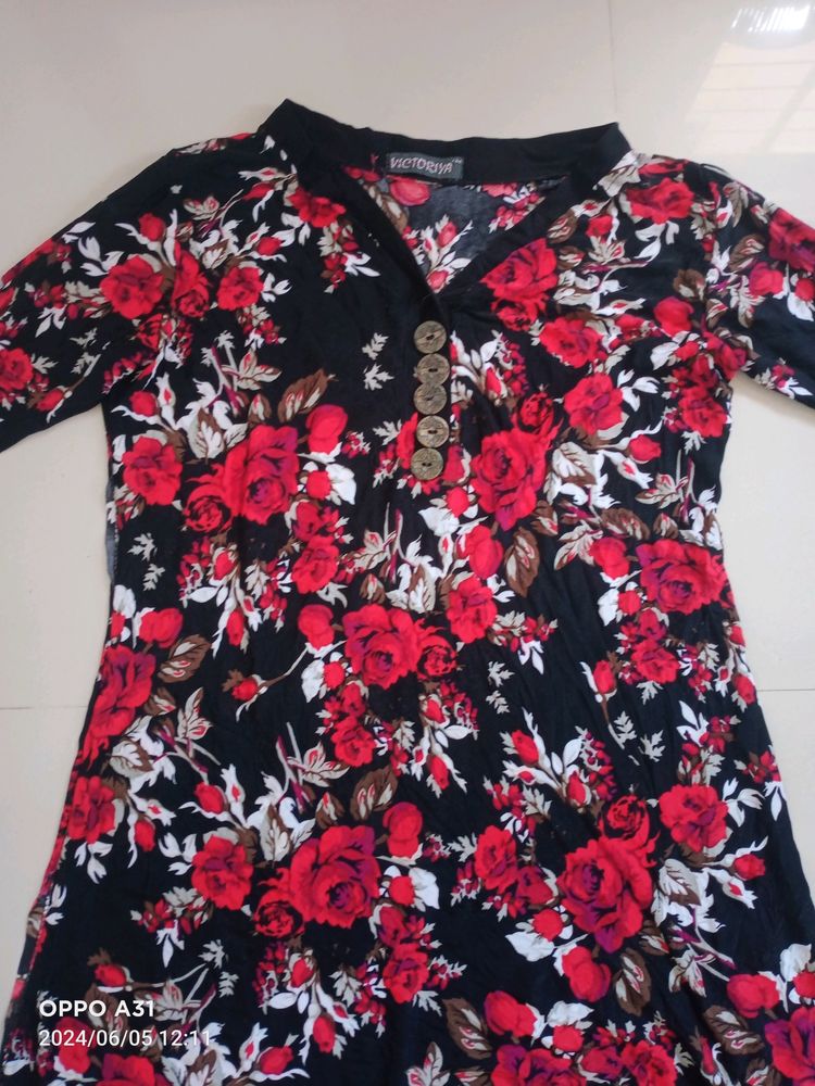 Floral Print Silk Kurti