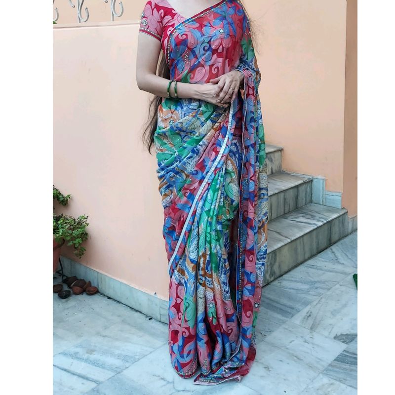 Multicolor Georgette Saree With All Over Handwork