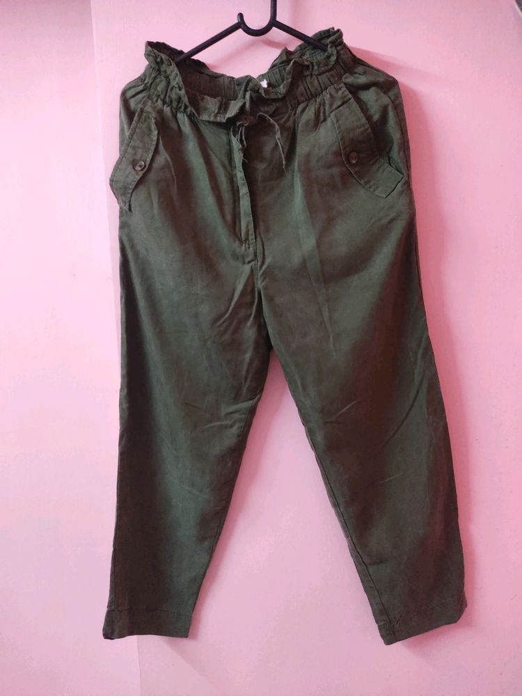 Pantaloons Olive Green Trousers With Elastic Waist