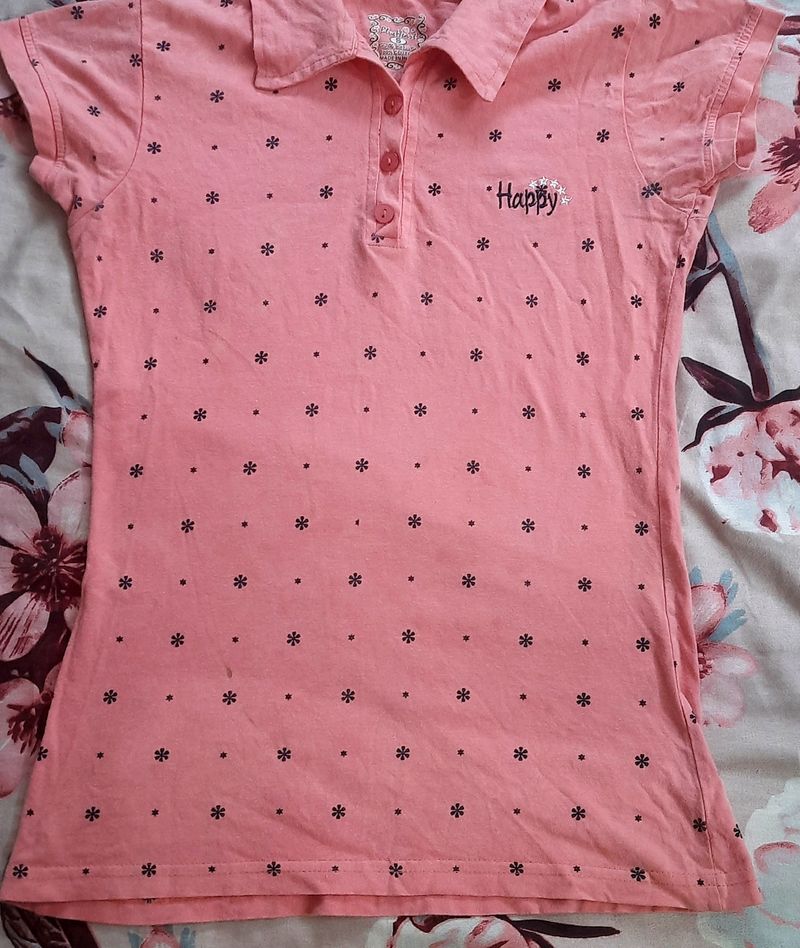 Peach Colored Tshirt With Collor.