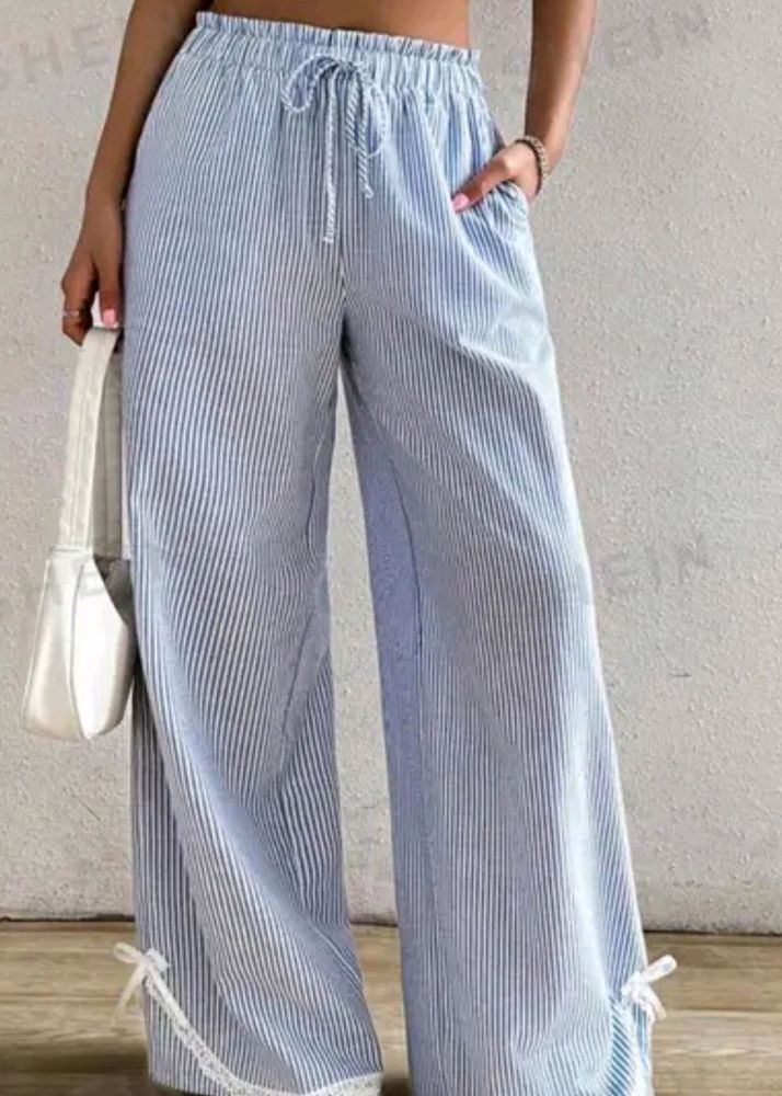 Blue & White Strip Pant With Bow Lace