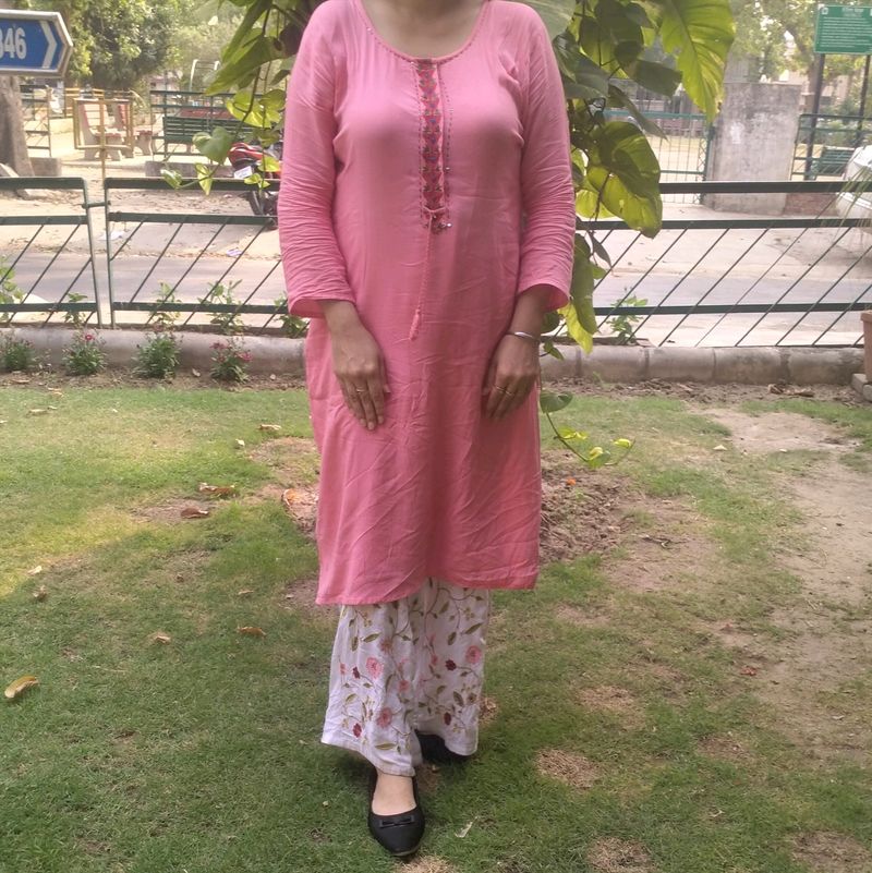 Embroidered Pink Kurta with White Plazo