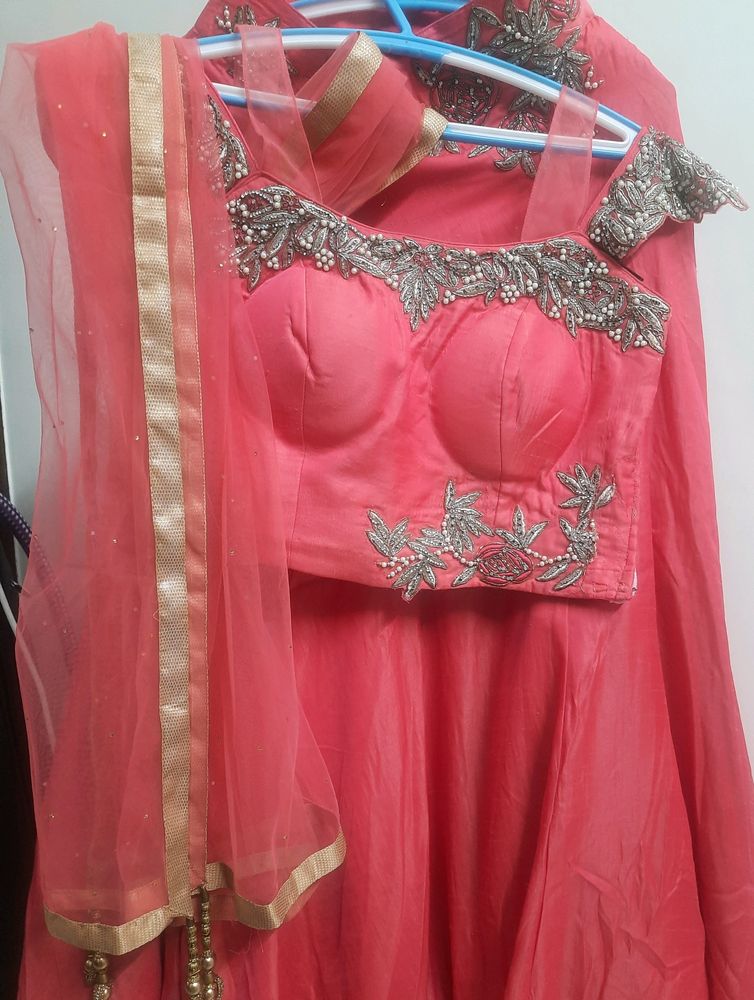 Pink Girlish Look Skirt Croptop With NetDupatta
