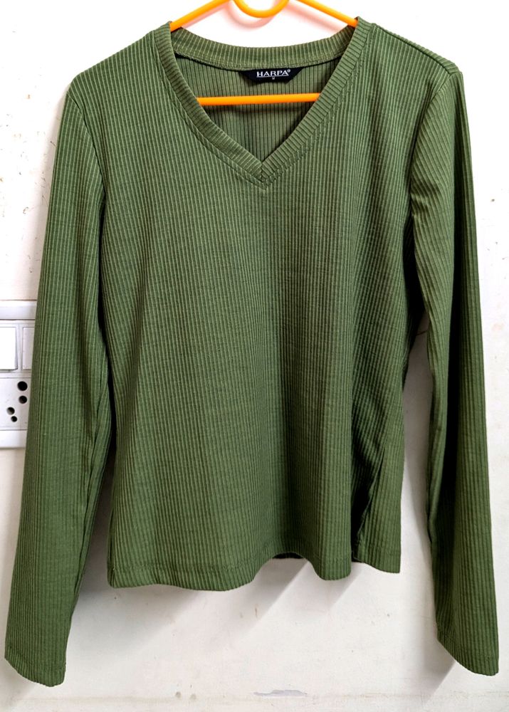 Harpa Olive Green Fitted Ribbed Top