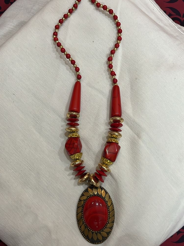 Red Boho Beaded Necklace