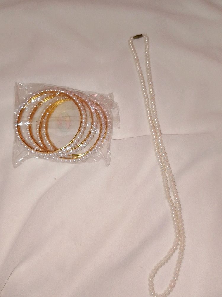 White Pearl Bangles With necklace