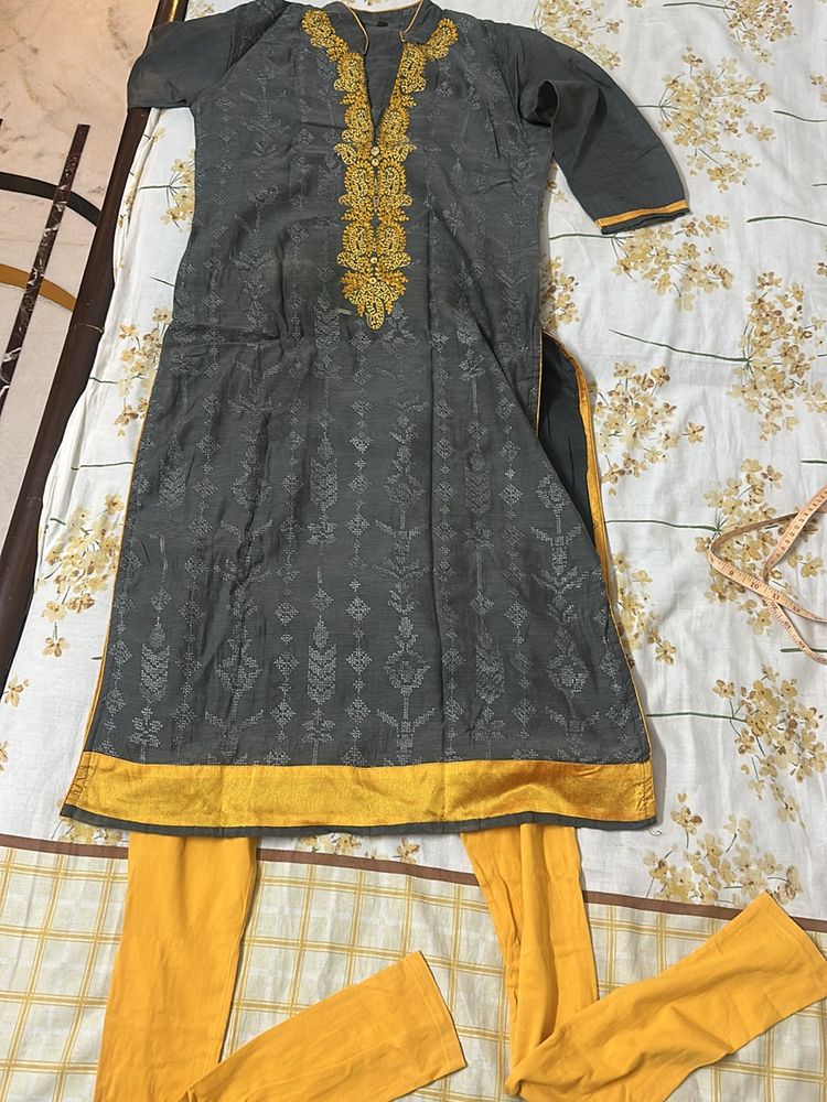 Grey And Mustard Kurta Set