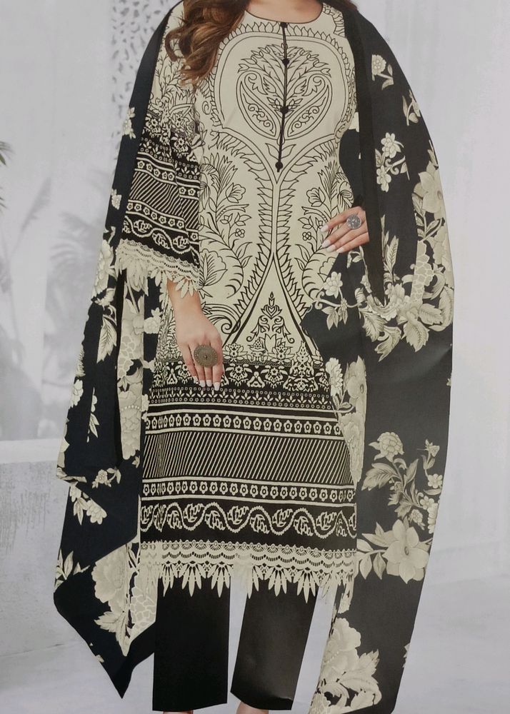 Cream Black Print Cotton Pakistani Dress