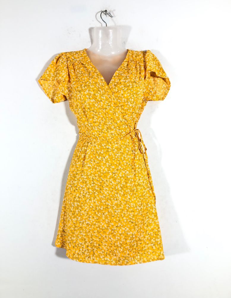 Yellow Printed Wrap Around Dress(Women’s)