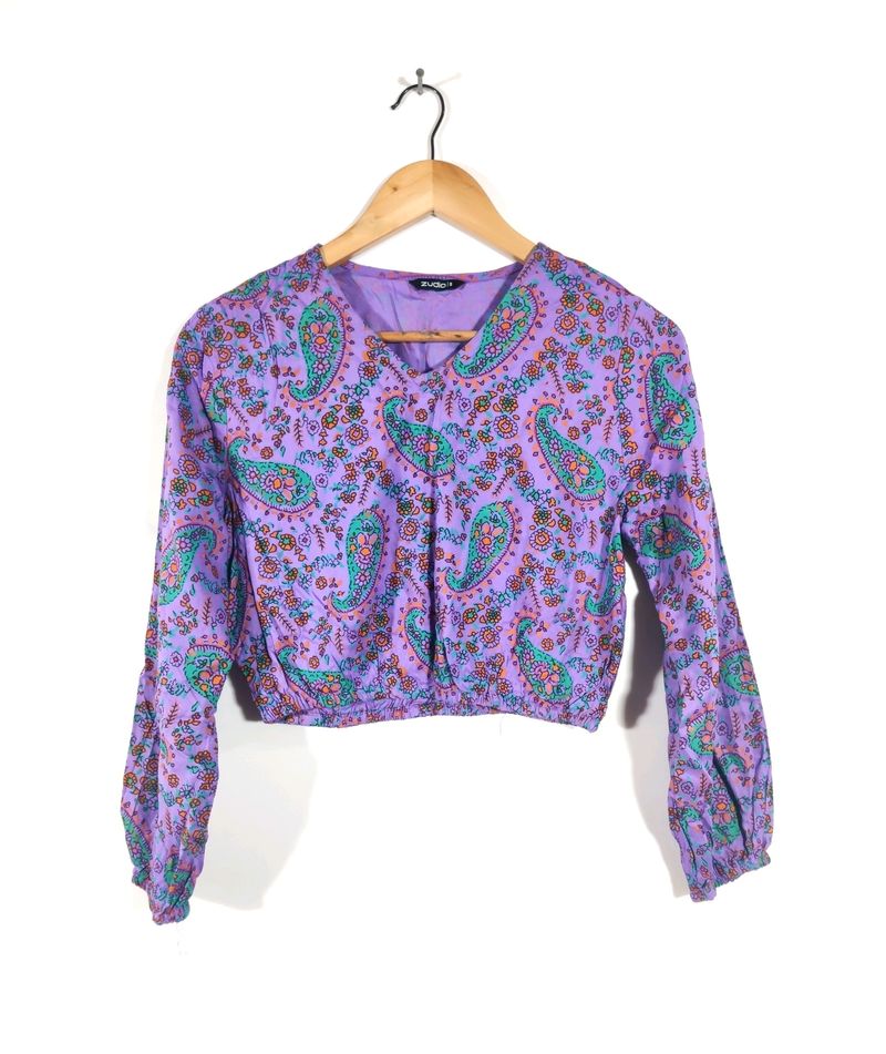 Purple Printed Casual Crop Top (Women)