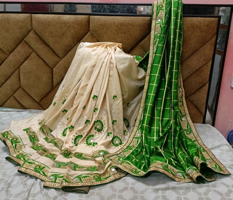 Green And Beige Wedding Saree With Blouse