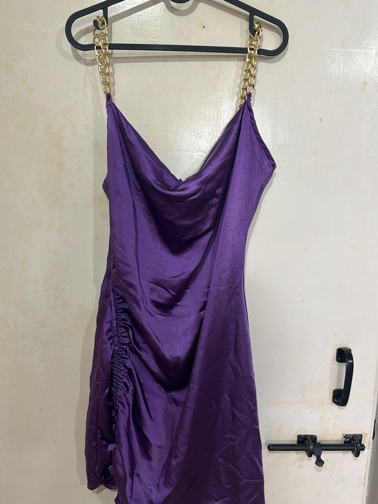 Purple Silk Dress With Gold Chain Sleeves